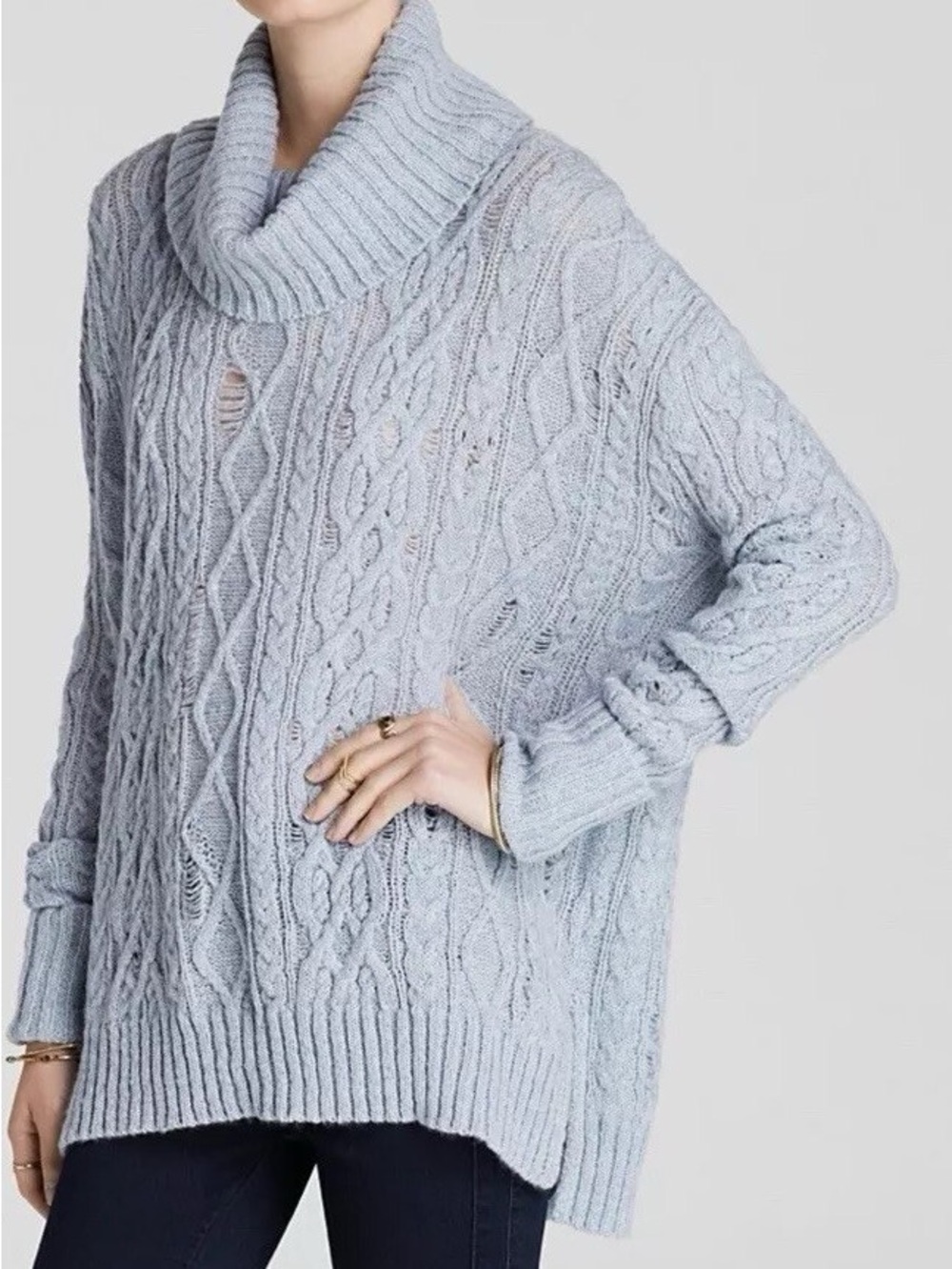 Free People Complex Cable Knit Distressed Cowl Neck‎ Sweater Blue Large NWOT